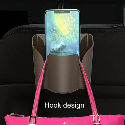 Car Back Seat Hook for Trash Storage and Organization hanging on headrest holding phone and purse to keep car interior organized