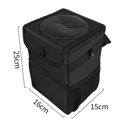 Convenient Car Back Seat Hook Trash Can for Storage compact black Oxford fabric car trash bin with lid and mesh pocket (25x16x15cm)