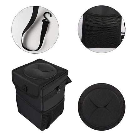 Convenient Car Back Seat Hook Trash Can for Storage - black Oxford fabric hanging car trash bin with mesh pocket and removable lid