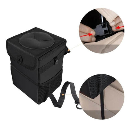 Convenient Car Back Seat Hook Trash Can for Storage - black Oxford car trash bin with mounting strap and buckle for organized vehicle interior