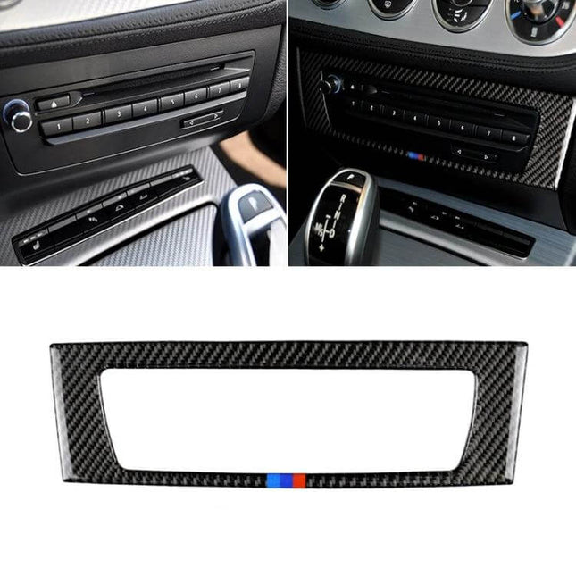 Carbon Fiber Decorative Sticker for BMW Z4 in Three Colors applied to interior trim showing carbon fiber pattern and M stripe