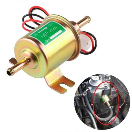 Universal Car Inline 12V Low Pressure Fuel Pump for Vehicles - gold inline 12V fuel pump with wiring and mounting bracket installed