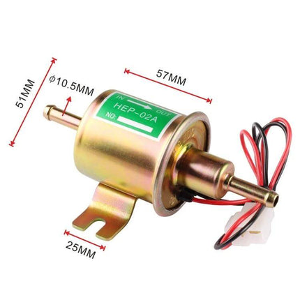 Universal Car Inline 12V Low Pressure Fuel Pump for Vehicles gold inline fuel pump with mounting bracket and wiring, 57mm body, 10.5mm inlet/outlet