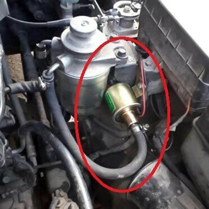 Universal Car Inline 12V Low Pressure Fuel Pump for Vehicles installed under hood showing inline fuel line and wiring for easy replacement and priming