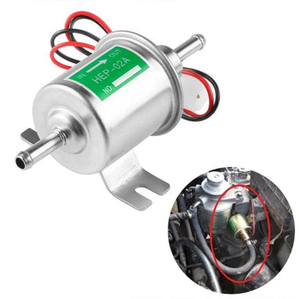 Universal Car Inline 12V Low Pressure Fuel Pump for Vehicles - compact metal inline 12V fuel pump with mounting bracket and wiring for automotive fuel systems