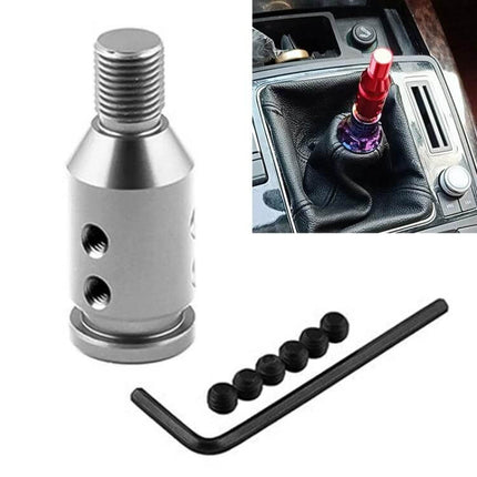 Aluminum Adapter for Car Gear Shift Knobs, 12x1.25 Thread - silver aluminum adapter with allen key and caps shown installed in car