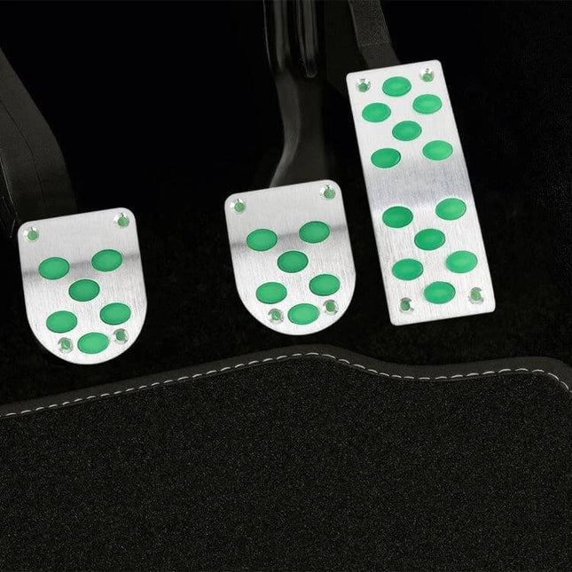 3 In 1 Luminous Non-Slip Car Pedal Set For Safer Driving - aluminum alloy pedals with green silicone grips for improved night visibility and wet-condition traction