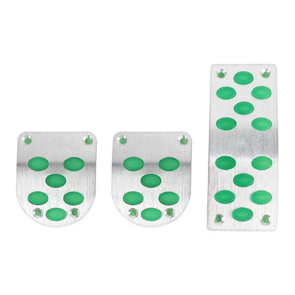 3 In 1 Luminous Non-Slip Car Pedal Set For Safer Driving aluminum alloy pedals with green silicone grips, luminous finish for improved night visibility