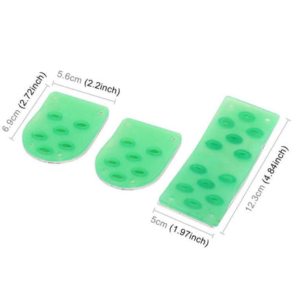 3 In 1 Luminous Non-Slip Car Pedal Set For Safer Driving green silicone-grip aluminum alloy pedal covers shown with dimensions for accelerator brake clutch