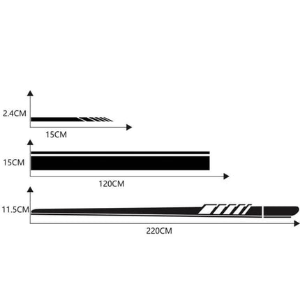 Car Hood and Side Stripe Decorative Stickers, 5-Piece PVC Set — diagram showing 15cm, 120cm, and 220cm stripe dimensions and placement