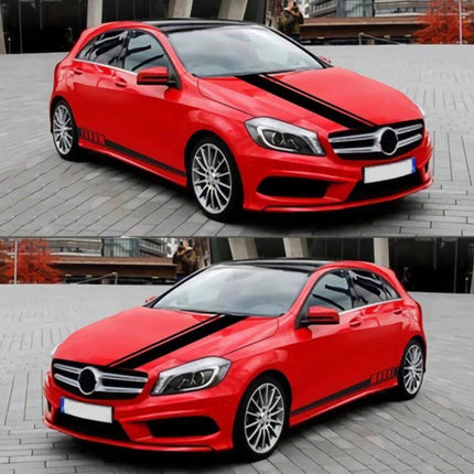 Car Hood and Side Stripe Decorative Stickers, 5-Piece PVC Set on red hatchback showing black hood and side racing stripes
