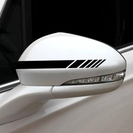 Car Hood and Side Stripe Decorative Stickers, 5-Piece PVC Set applied to white car side mirror showing black hood/side stripe accents