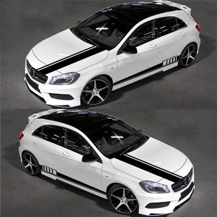 Car Hood and Side Stripe Decorative Stickers, 5-Piece PVC Set on white hatchback showing black hood and side racing stripes