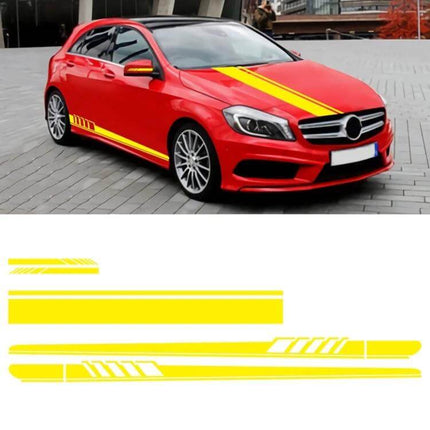 Car Hood and Side Stripe Decorative Stickers, 5-Piece PVC Set - red hatchback with yellow hood and side racing stripes