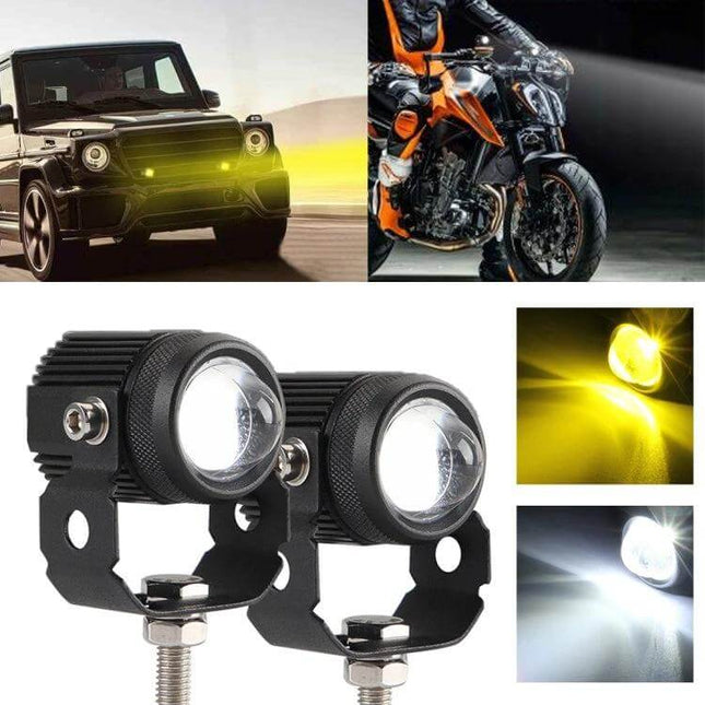 Dual Color White and Gold Headlights for Motorcycles shown mounted on bike and car, white beam for night and gold beam for fog visibility, easy-install lights