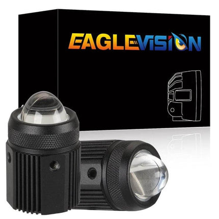 Dual Color White and Gold Headlights for Motorcycles shown installed as compact black LED projector lights with EagleVision box