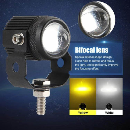 Dual Color White and Gold Headlights for Motorcycles - Motorcycle LED headlight showing white and gold beam options, easy install, fog and night visibility