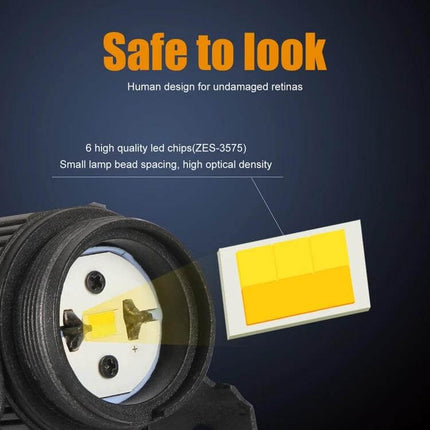 Dual Color White and Gold Headlights for Motorcycles showing LED chip close-up and safe-to-look text