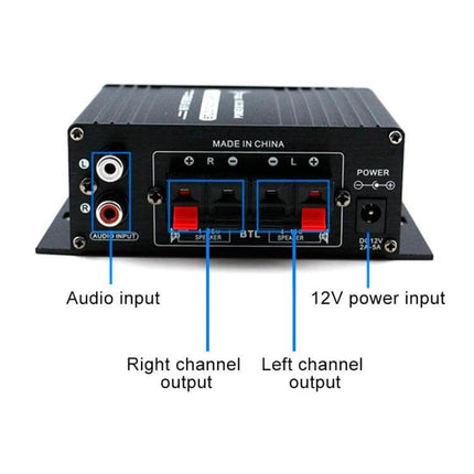 Car Mini HiFi Amplifier For Clear Car Audio And Music compact 2-channel stereo amp showing RCA inputs, speaker outputs and 12V power input