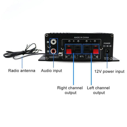 Bluetooth HiFi Amplifier For Home And Car Audio System rear panel showing audio input, radio antenna, left/right channel outputs and 12V power input