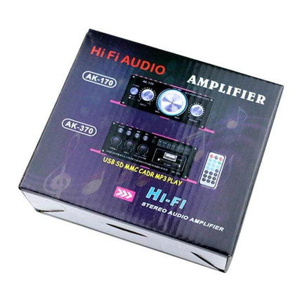 Bluetooth HiFi Amplifier For Home And Car Audio System compact dual-channel amp box showing AK-170 AK-370 models and remote