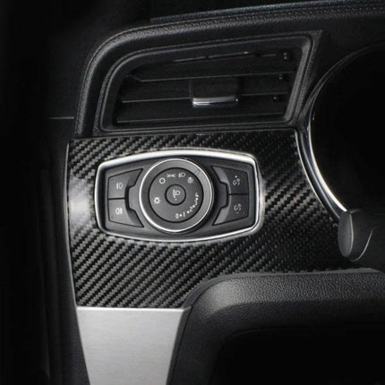 Carbon Fiber Decorative Sticker for Ford Mustang Headlight Switch applied around Mustang headlight control for a sleek dashboard accent
