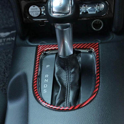 2 in 1 Carbon Fiber Gear Frame Sticker for Ford Mustang 2015-2020 installed red carbon fiber gear frame around automatic shifter