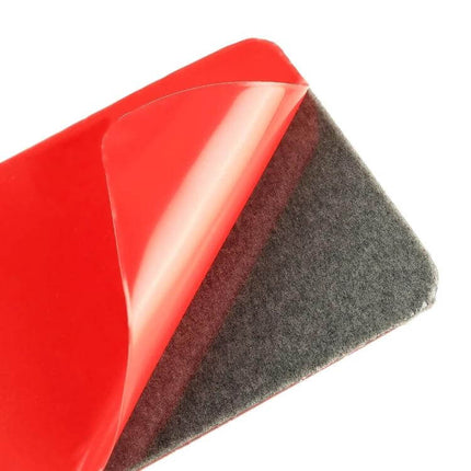 2 in 1 Carbon Fiber Gear Position Decorative Sticker for Ford Mustang 2015-2020 showing red adhesive backing and felt protective layer, easy install, durable carbon fiber