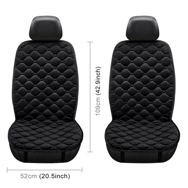 Warm Double Seat Car Heater Cushion for Winter Use - black quilted dual-seat heated car seat cover showing measurements