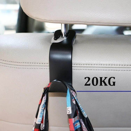 2-Piece Car Back Seat Hooks for Vehicle Organization hanging bag on headrest hook showing 20KG capacity, black semi-circular design keeping car interior tidy