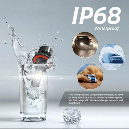 LED Headlight Pair For Cars, H13 Bulbs, Easy Fit And Durable showing IP68 waterproof bulb splashing in glass and all-in-one plug-and-play design
