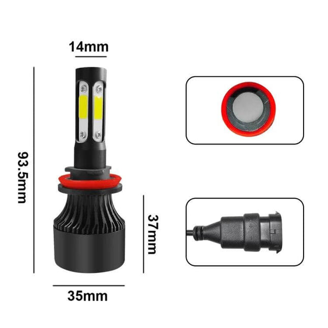 LED Car Headlight Bulbs for H8/H9/H11 2-Pack for Clear Night Driving - 6000K plug-and-play LED bulb with integrated cooling, dimensions shown