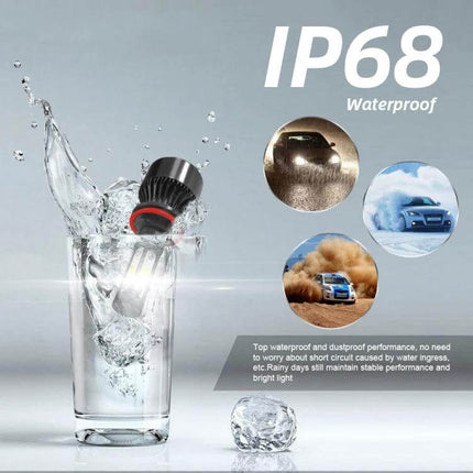 LED Car Headlight Bulbs for H8/H9/H11 2-Pack for Clear Night Driving showing IP68 waterproof bulb splashing in glass with performance icons