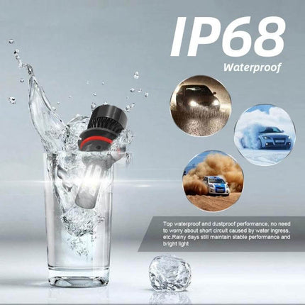 Car LED Headlight Lamps 2 Pack For Everyday Driving showing IP68 waterproof bulbs splashing in water