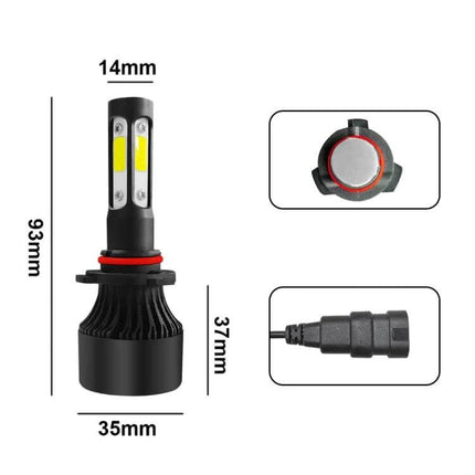 Car LED Headlight Bulbs 6000K 2 Pack For Night Driving - 6000K cool white all-in-one plug-and-play LED headlight bulb showing dimensions and connector