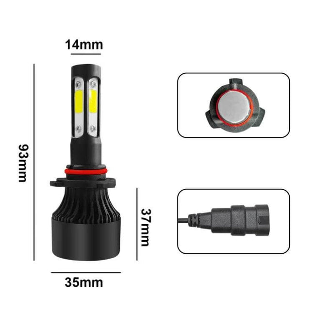 Car LED Headlight Bulbs 6000K 2 Pack For Night Driving - 6000K cool white all-in-one plug-and-play LED headlight bulb showing dimensions and connector