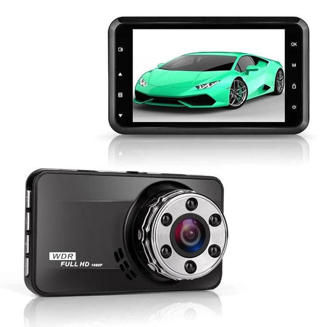 Compact Car Dash Camera with Night Vision Recording Ability showing front camera lens and LCD screen displaying car
