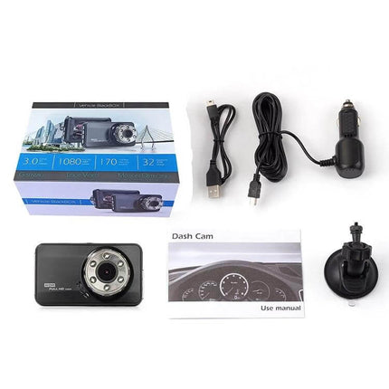 Compact Car Dash Camera with Night Vision Recording Ability - compact dash cam kit with USB cable, car charger, suction mount and user manual