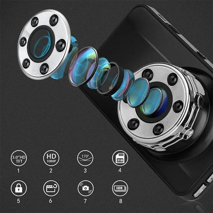Compact Car Dash Camera with Night Vision Recording Ability showing exploded lens elements, wide-angle night vision, parking monitoring and HD recording features