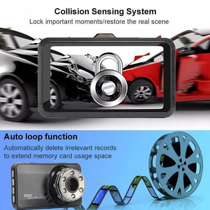 Compact Car Dash Camera with Night Vision Recording Ability showing collision sensing lock, auto loop function and 24-hour parking monitoring