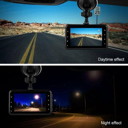Compact Car Dash Camera with Night Vision Recording Ability mounted on windshield showing daytime and night recording views