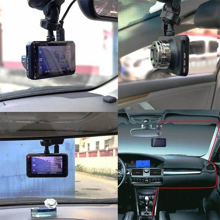 Compact Car Dash Camera with Night Vision Recording Ability mounted on windshield showing wide-angle daytime and night monitoring, parking and collision sensing