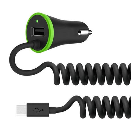 In Car USB C Charger With Stretch Cable For Everyday Charging - compact black car charger with coiled 1.2m Type-C cable