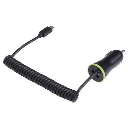 In Car USB C Charger With Stretch Cable For Everyday Charging - compact black 12V car charger with 1.2m coiled Type-C cable