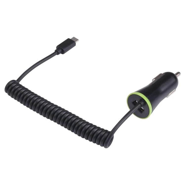 In Car USB C Charger With Stretch Cable For Everyday Charging - compact black 12V car charger with 1.2m coiled Type-C cable