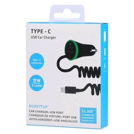 In Car USB C Charger With Stretch Cable For Everyday Charging - compact black Type-C car charger with coiled 1.2m cable for phones and tablets