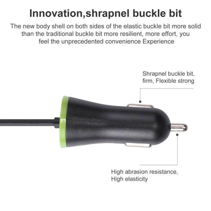In Car USB C Charger With Stretch Cable For Everyday Charging compact black car charger with green ring, stretchable Type-C cable, shrapnel buckle bit, high abrasion resistance