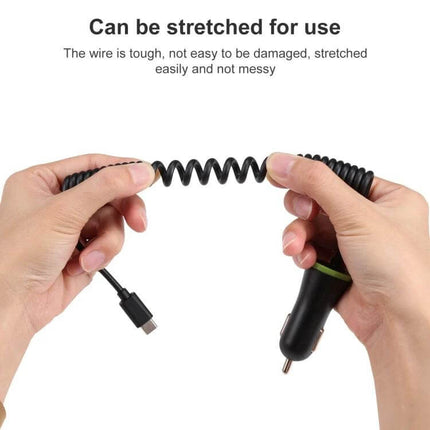 In Car USB C Charger With Stretch Cable For Everyday Charging showing hands stretching coiled Type-C cable and compact car adapter