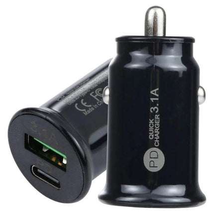 TE-339PD Dual Port Car Charger For Fast USB C Charging compact black car charger with USB-C PD and USB-A ports