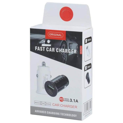 TE-339PD Dual Port Car Charger For Fast USB C Charging - compact dual-port car charger PD USB-C 3.1A in white/black packaging